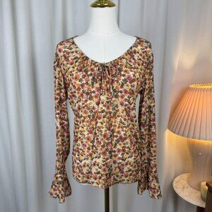 Vintage Y2K Floral Tie-Front Bell Sleeve Top Large